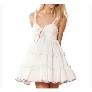 Red Carter white ruffle tiered baby doll dress with colorful stitching hem
